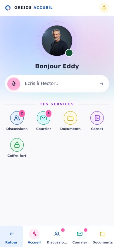 Orkios Connect sur le téléphone : l’accueil, la ligne pour écrire à Hector et vos services